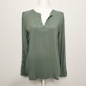 LOFT Olive Green Collarless Rayon Top with Crochet Lace Down Arms Size S